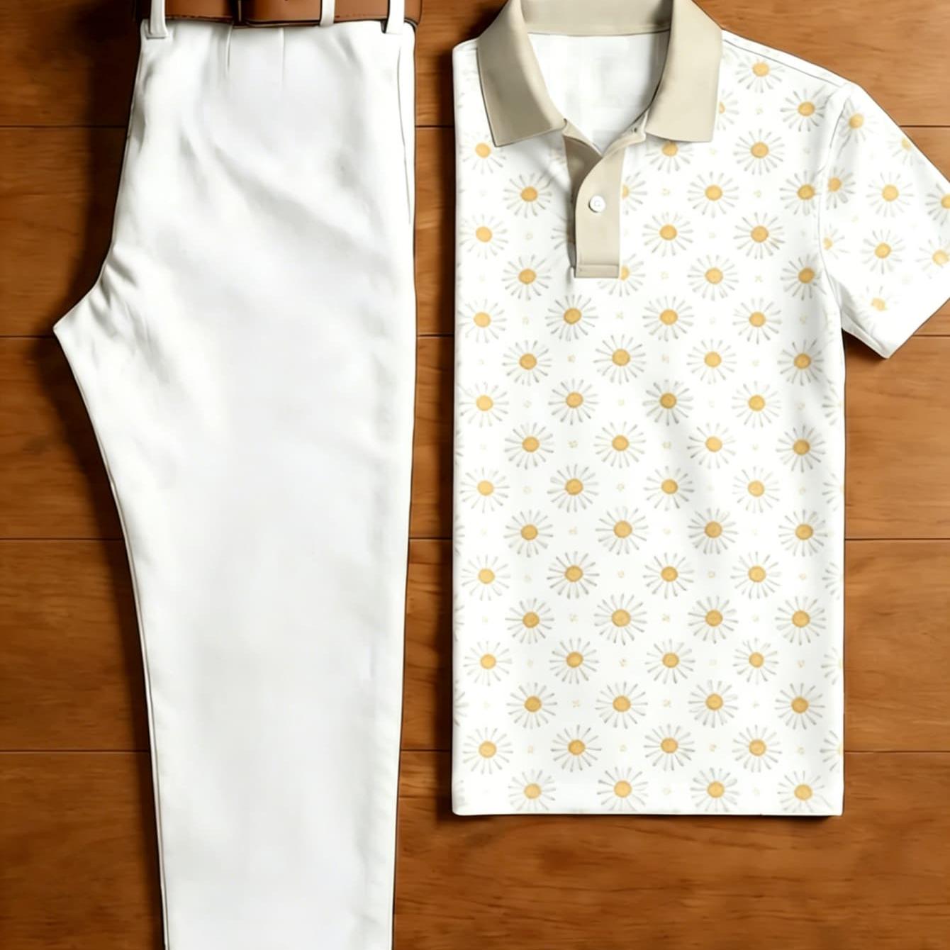 Men's 2pcs Outfit Set, Full Small Daisy Floral Print Light Beige Collar + Straight Trousers, Fresh Vacation Lightweight Matching Outfit