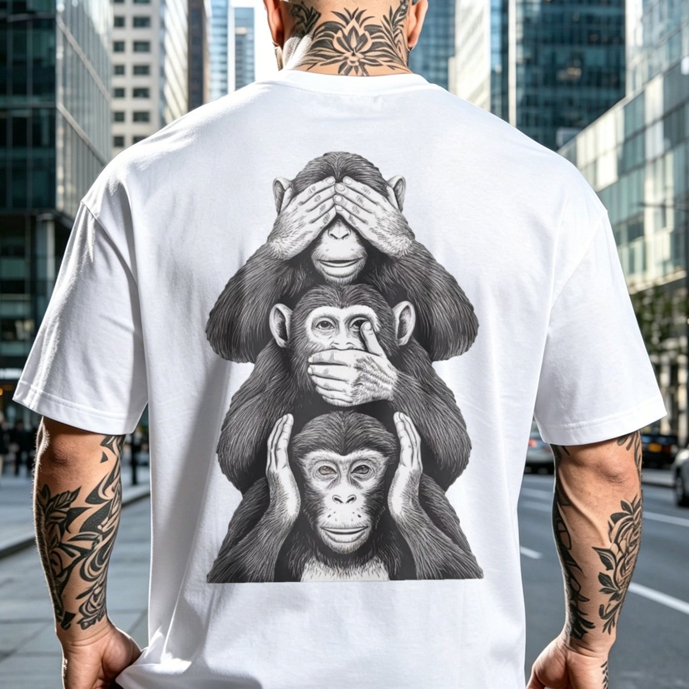 3 Monkeys Speak No Evil Back Print New Style T Shirt White Urban Streetwear Casual Daily Wear Short Sleeve