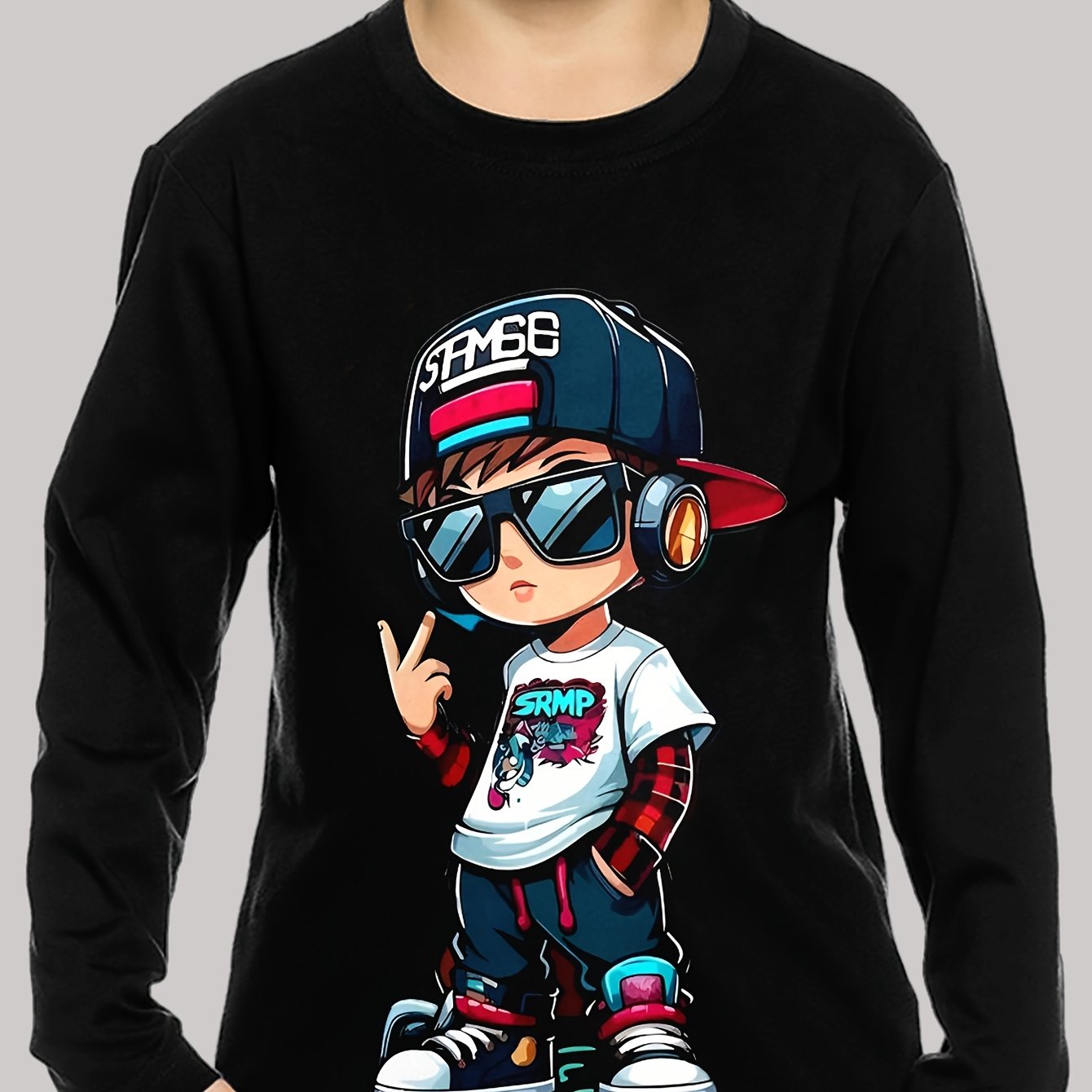 Image of Boys' Casual Round Neck Long Sleeve T-shirt, Hip-hop Cool Boy Printed T-shirt, Knitted Fabric, Slightly Elastic, Machine Washable, Suitable For Children Over 3 Years Old