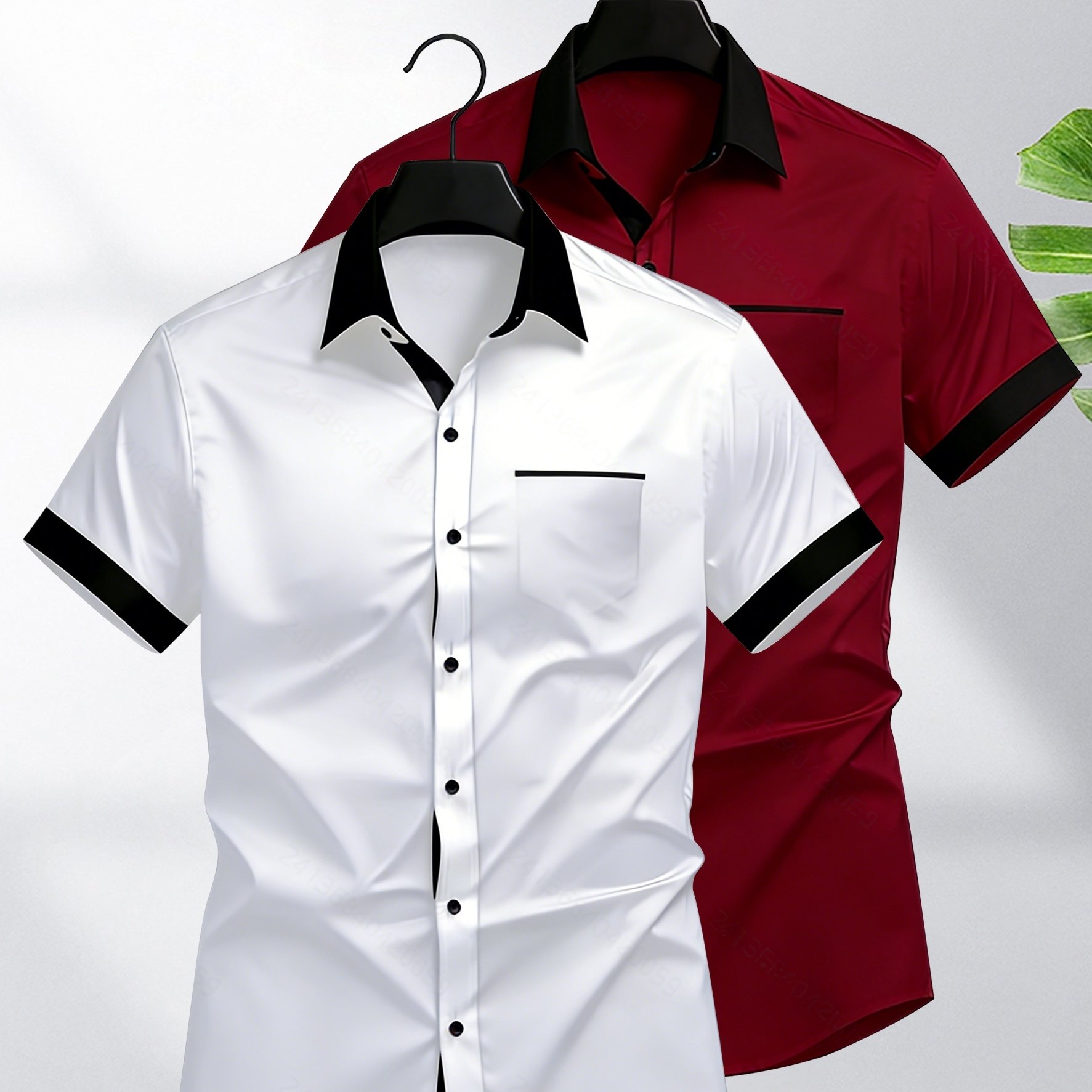 TEMU Ensemble pièces pour homme : chemise à manches courtes et col color block, coupe slim, casual, blanc + rouge vin, 2 pièces