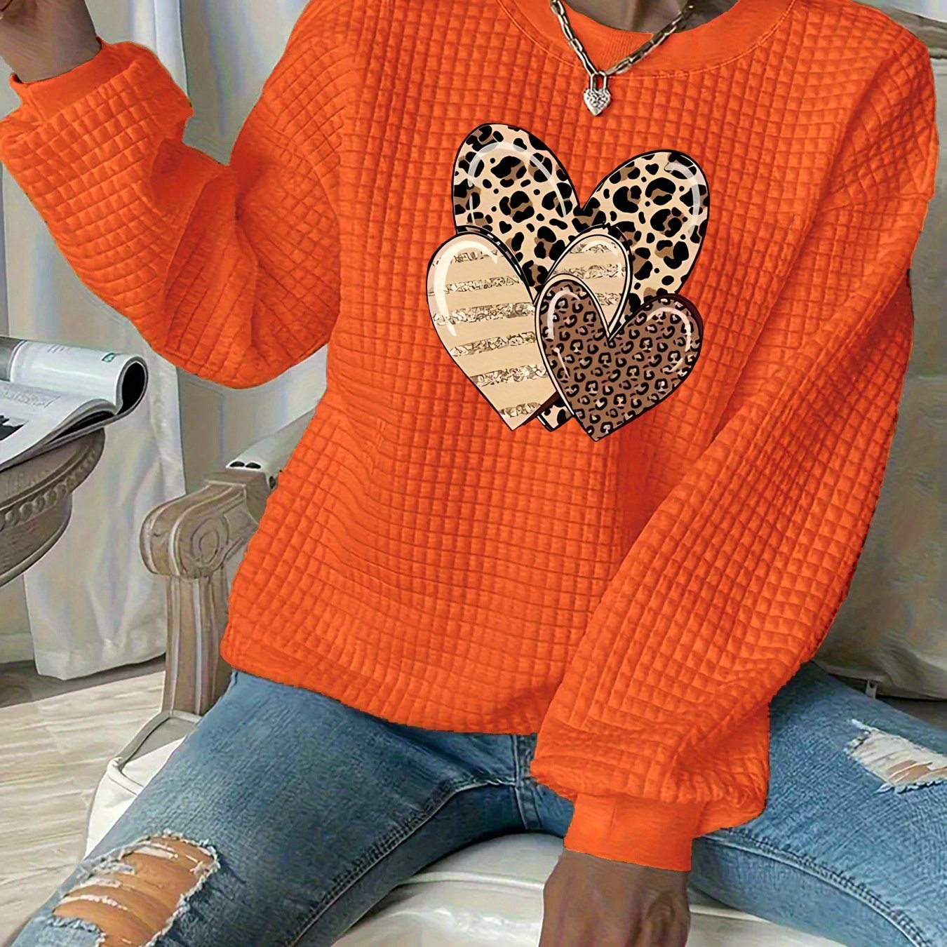 TEMU Plus Size, Plus Size Women's Waffle Casual Sweatshirt With Leopard Print And 3 Hearts