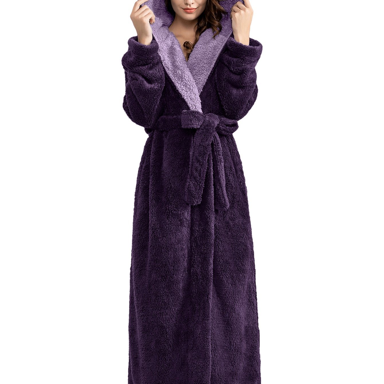 TEMU Women's Plush Hooded Robe, Long One-piece Autumn Winter Pajama With Pockets
