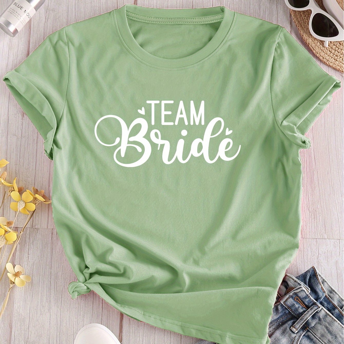 TEMU T-shirt Imprimé Lettres Groupe Mariée et d' - Col Rond Décontracté, Manches Courtes, Lavable en Machine, Longueur Standard, Haut pour Femme