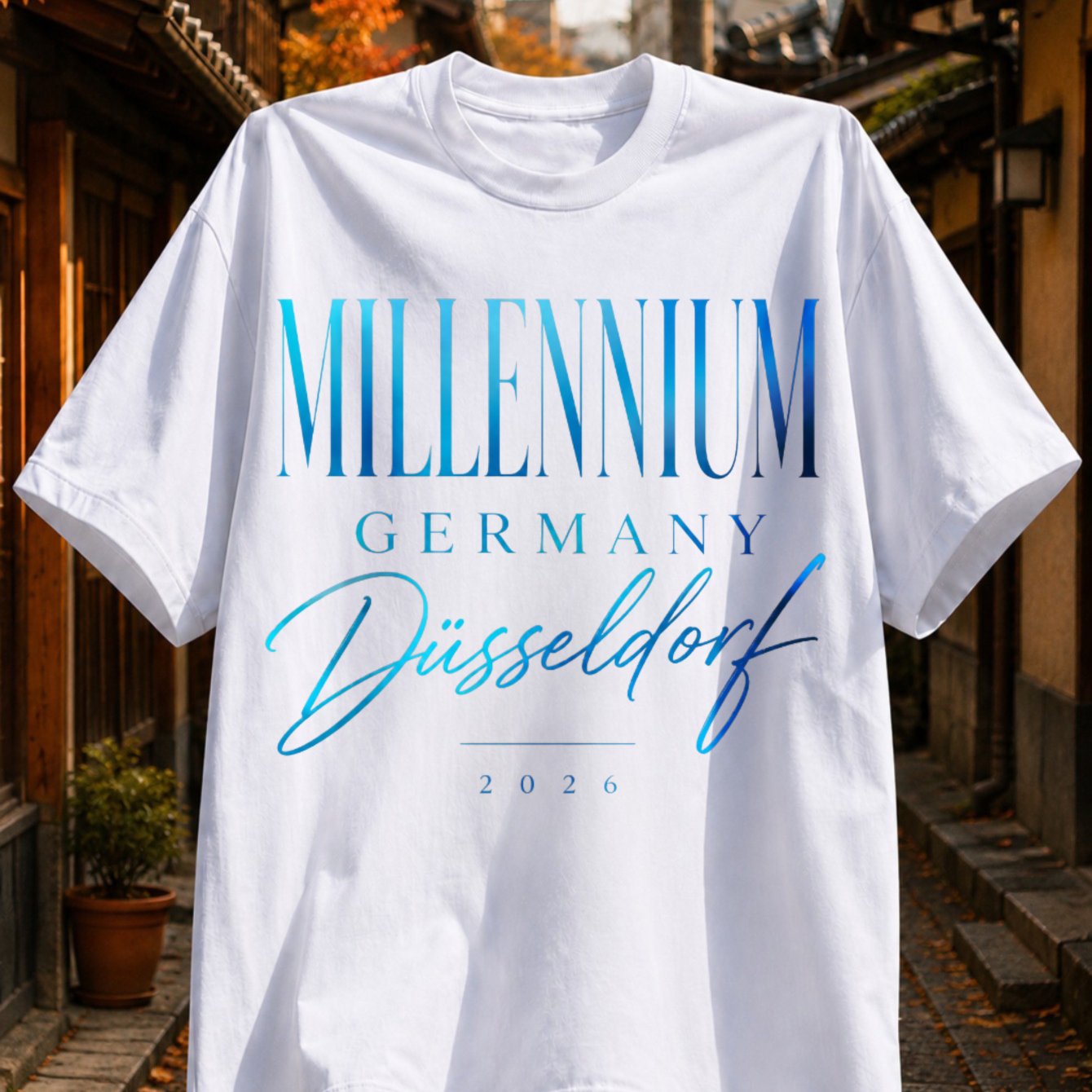 Image of Germany 2026 Graphic Blue Gradient Serif Headline With Elegant Script City Name And Year Unisex All T-shirt