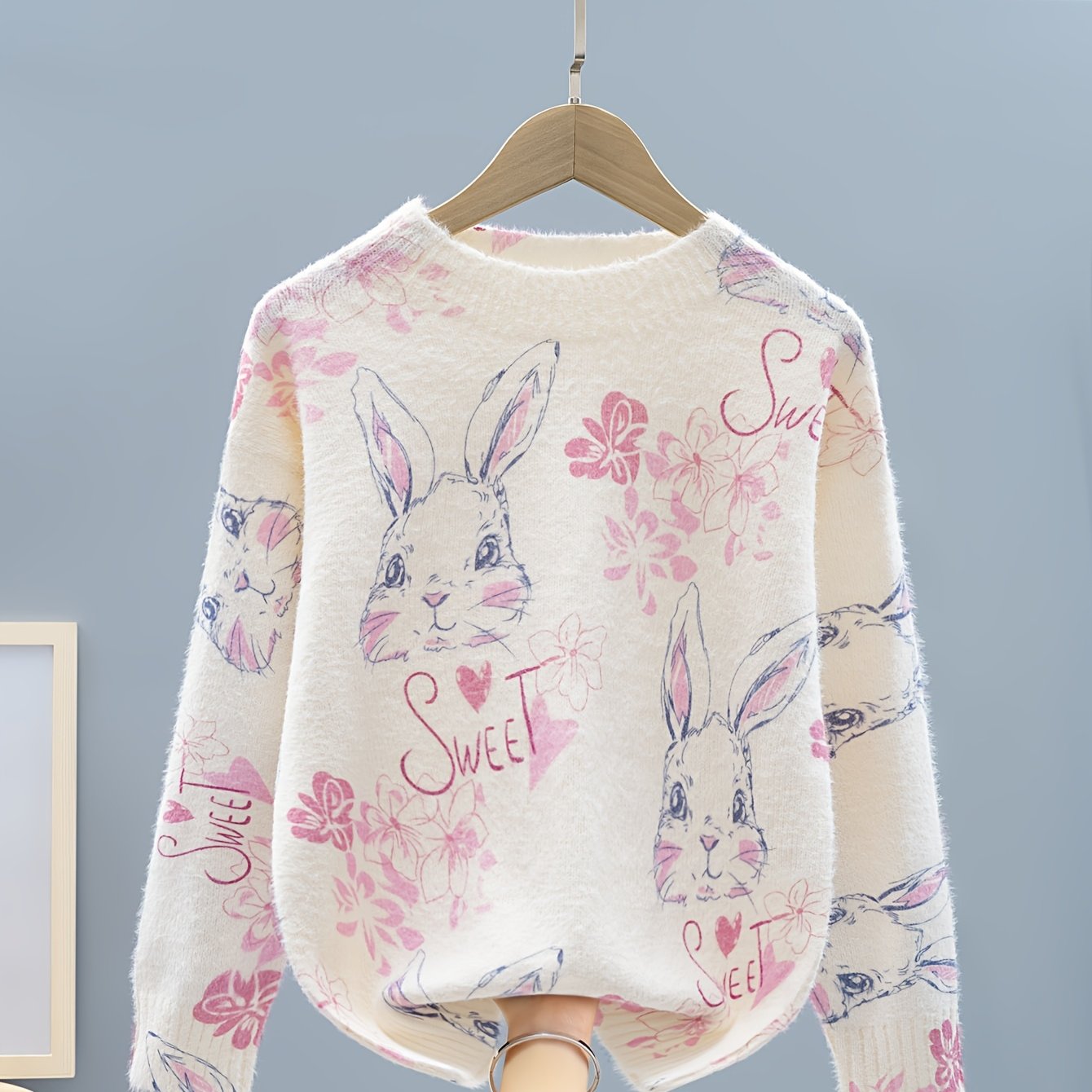 Image of [printed Design - Not Textured] Halloween Girls' Sweater, Cute Girls' Rabbit And Flower Print Knit Sweater, Suitable For Outdoor Vacations, The Best Holiday Gift For Kids - 055