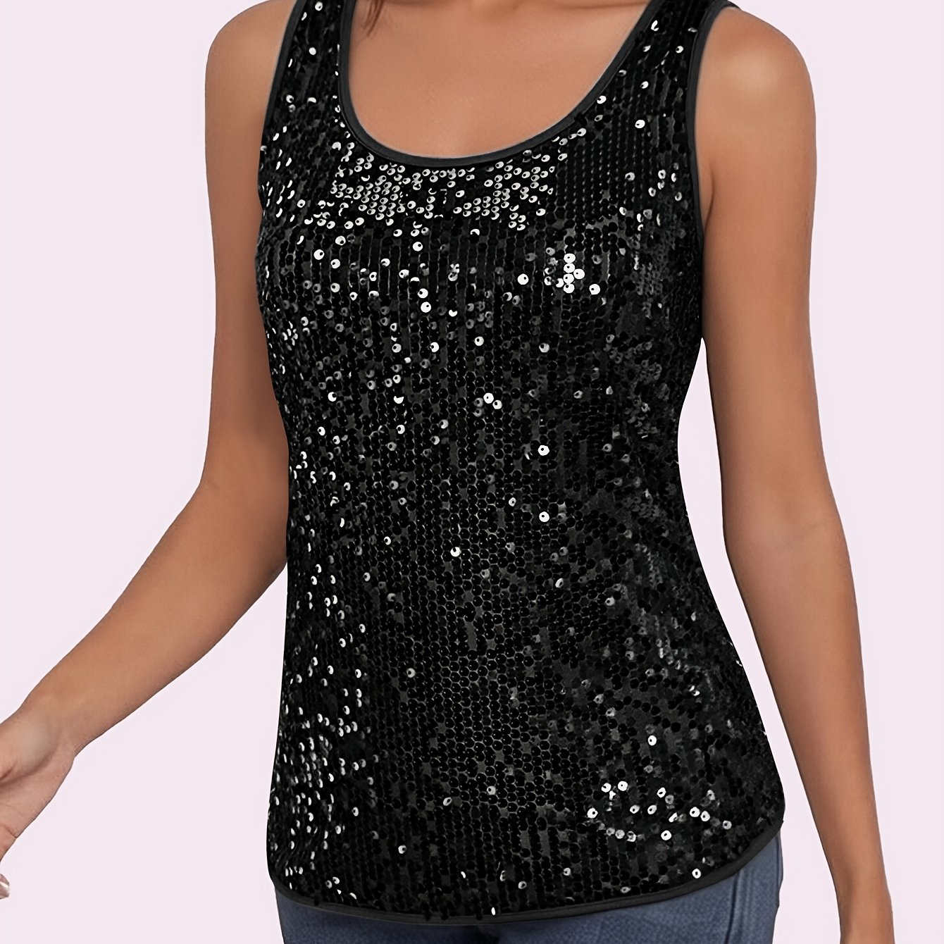 TEMU Women's Sleeveless Sequin Tank Top, Slim-fit Bodycon Top, Sequined Fabric, European And Party Base Layer