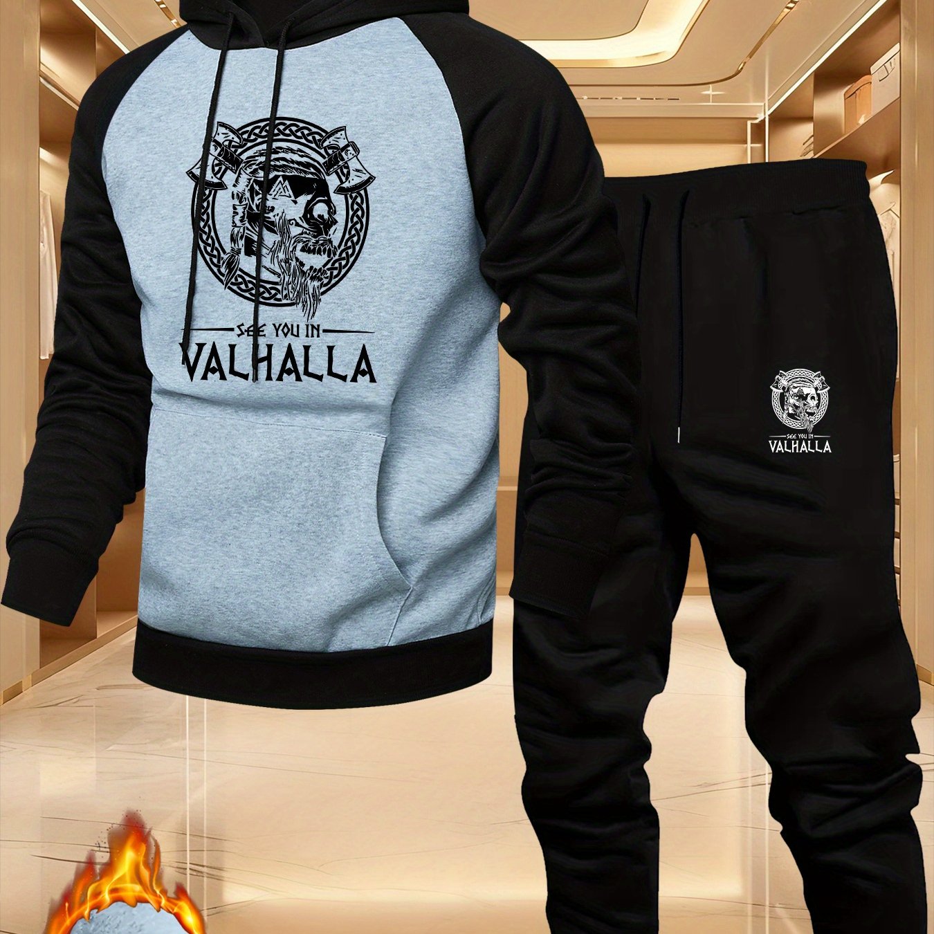 TEMU Men's Casual Sports Raglan Sleeve Hoodie, Featuring Nordic Style Elements, A Two-piece Color- Sweatshirt Set, Perfect For A Trendy And Versatile