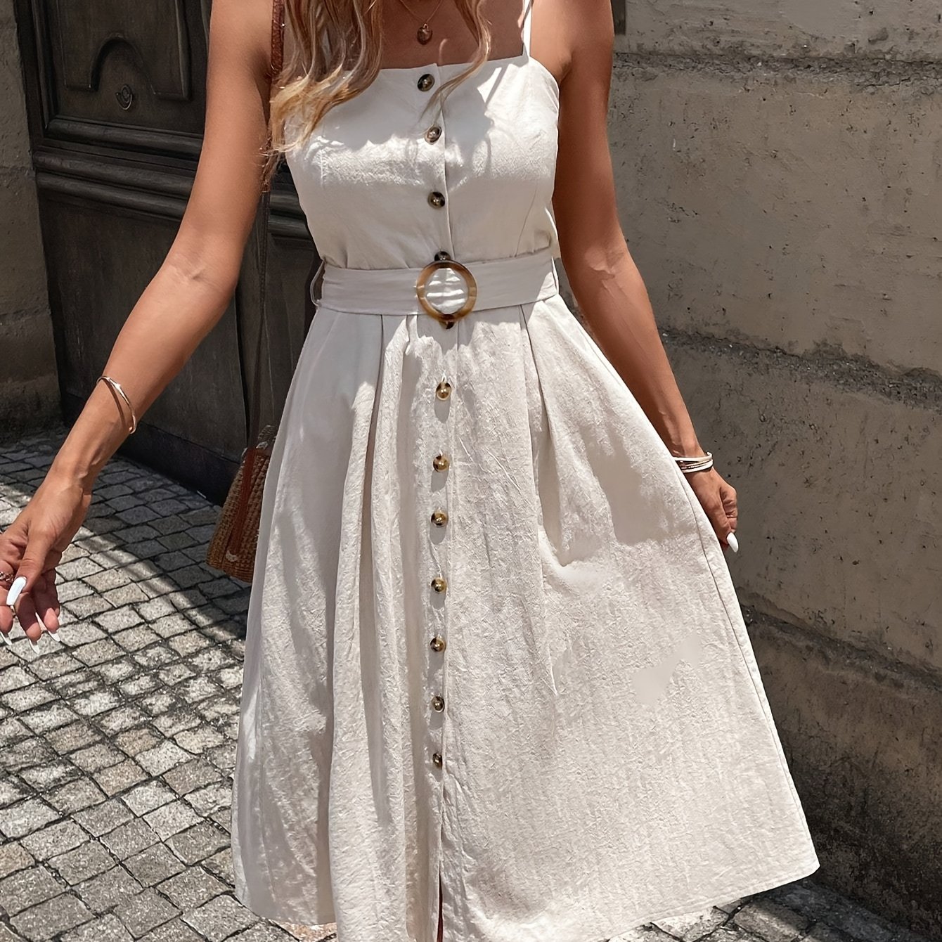 Image of Women's Easy Button Decoration Sleeveless Elegant Fashion Daily Commuting Date Wear Mid-length Dress With Belt [ns702]