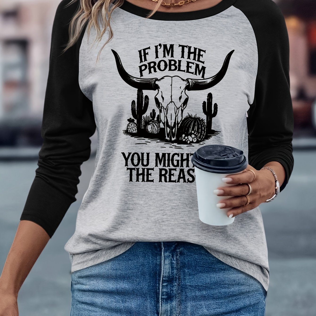 TEMU Country Music Pattern Print Women's Fall Winter Top Casual Versatile Comfortable Leisure Contrast Off-shoulder Long Sleeve T-shirt