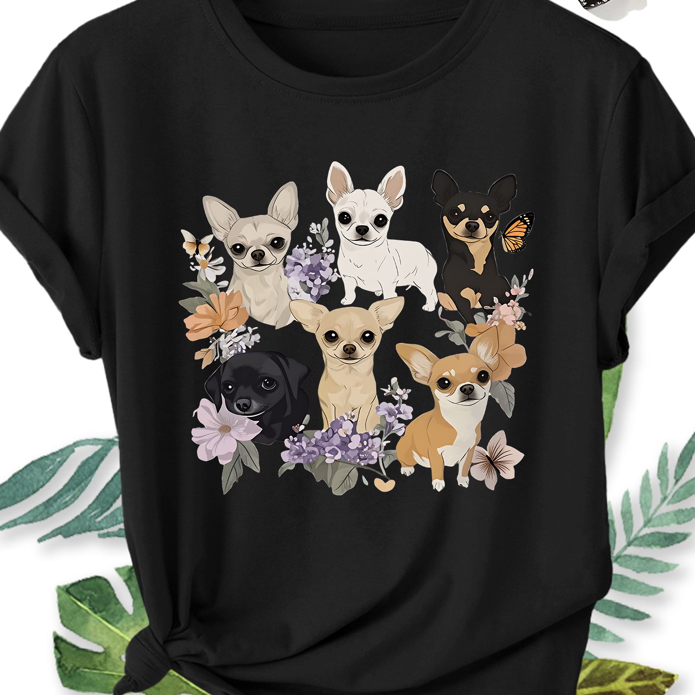 TEMU Ladies' Elegant Plus Size Short Sleeve Chihuahua Dog Floral Print Crew Neck Women's Casual Sports T-shirt Gift Suitable For Spring, Summer, And