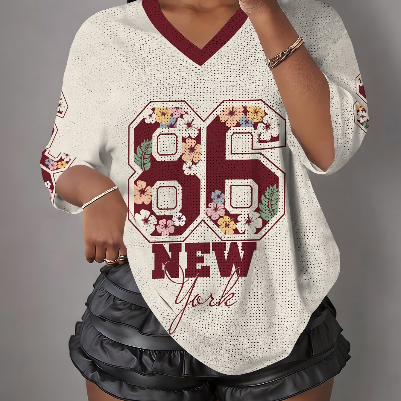 TEMU No. 86 Floral Print V-neck Mesh Women's Jersey Style