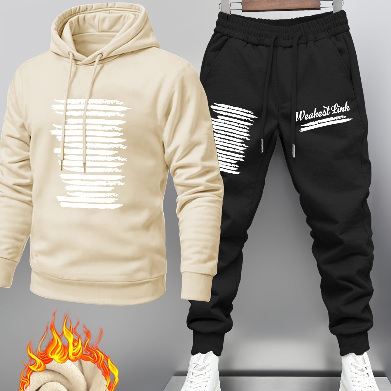 TEMU Men's Fashion Thick Winter Hooded Sweatshirt And Long Pants Set, Trendy Brand Casual Athletic Wear, Warm Fleece Jacket And Pants, White Shoe