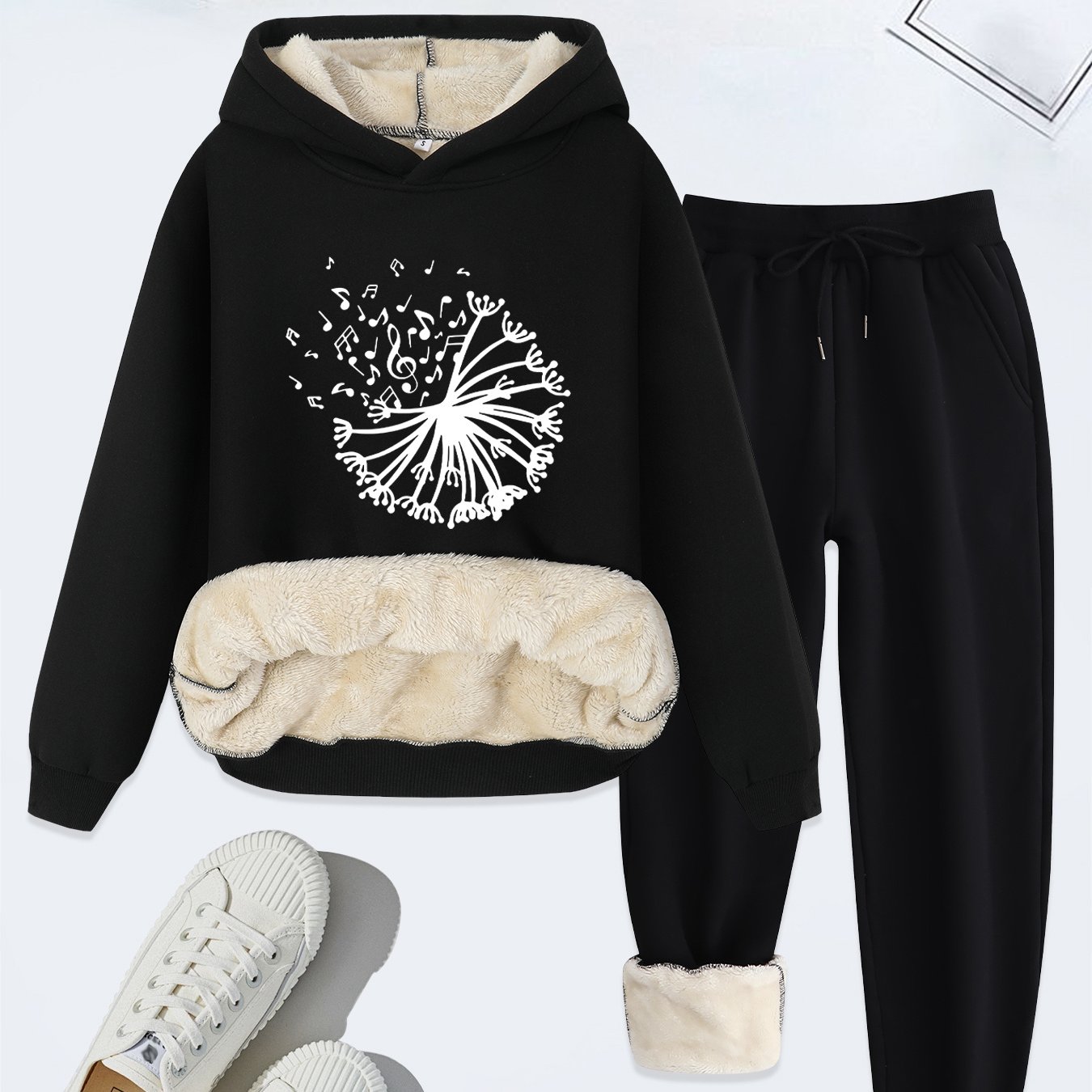 TEMU Ensemble décontracté pour femme 2026 Confort Automne/Hiver : Sweat à capuche épais doublé avec imprimé simple de note de musique et pantalon à