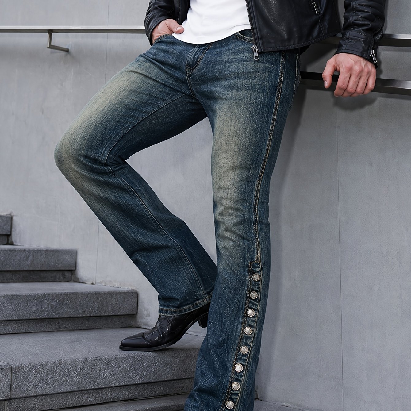TEMU Men's Blue Gradient Faded Wash Mid Rise Flared Bootcut Jeans, Mustache Whisker Stretch Denim With Full Side Slits Silver Buttons, 5 Pocket
