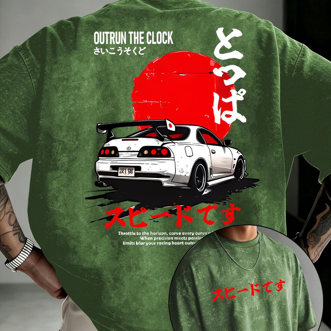 TEMU Men's Distressed Japanese-style Sports Car Print T-shirt, Regular Crew Neck Short Sleeve, Streetwear Vintage Style Top