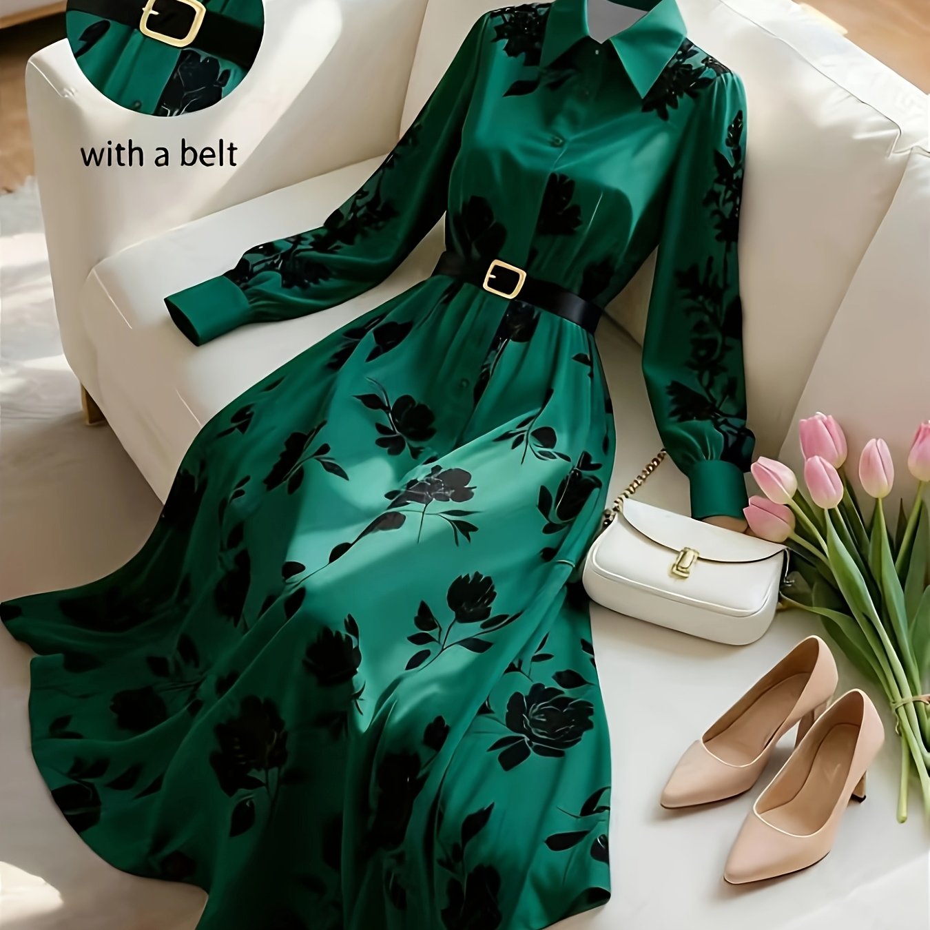Image of Spring/autumn New French Retro Floral Print, Elegant Long Dress With Belt, Women's And Vacation Wear