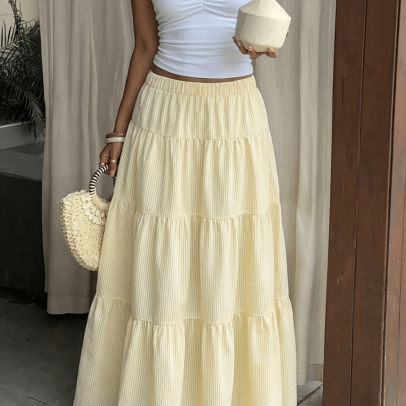 TEMU Women's Summer Casual Commuter Style Long Vintage Preppy Striped Yellow Skirt, Suitable For Easter Parties, Casual Wear, Beach , , Gatherings, ,