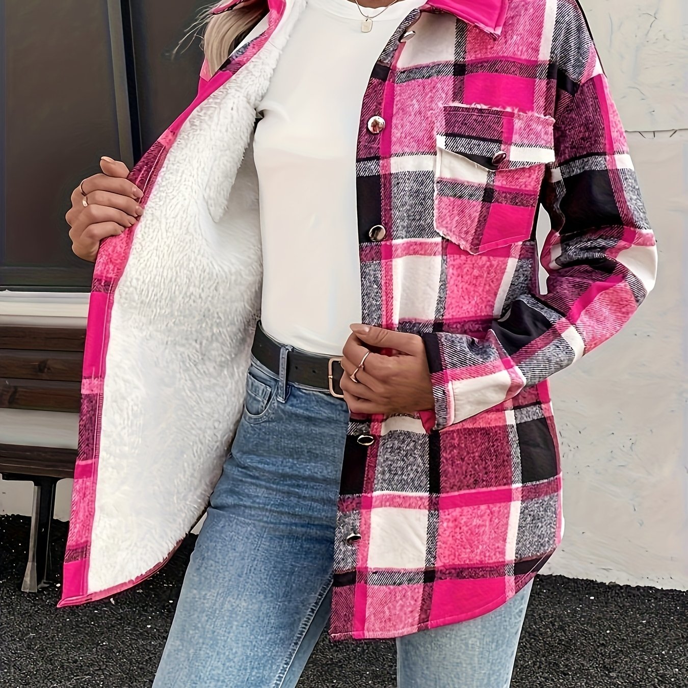 E-shop Elegante Damen Herbst- und Winter-Winterjacke mit Flanellfutter und Karomuster, Winter-Oberbekleidung, Herbstjacke, klassisches Karomuster,