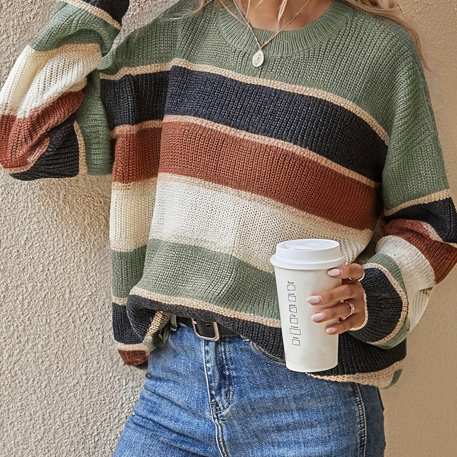 E-shop Damengemusterte Pullover mit Farbblock – Langarm, Rundhalsausschnitt, lockerer Schnitt, Herbst/Winter Casual-Top in Grün, Beige Streifen,