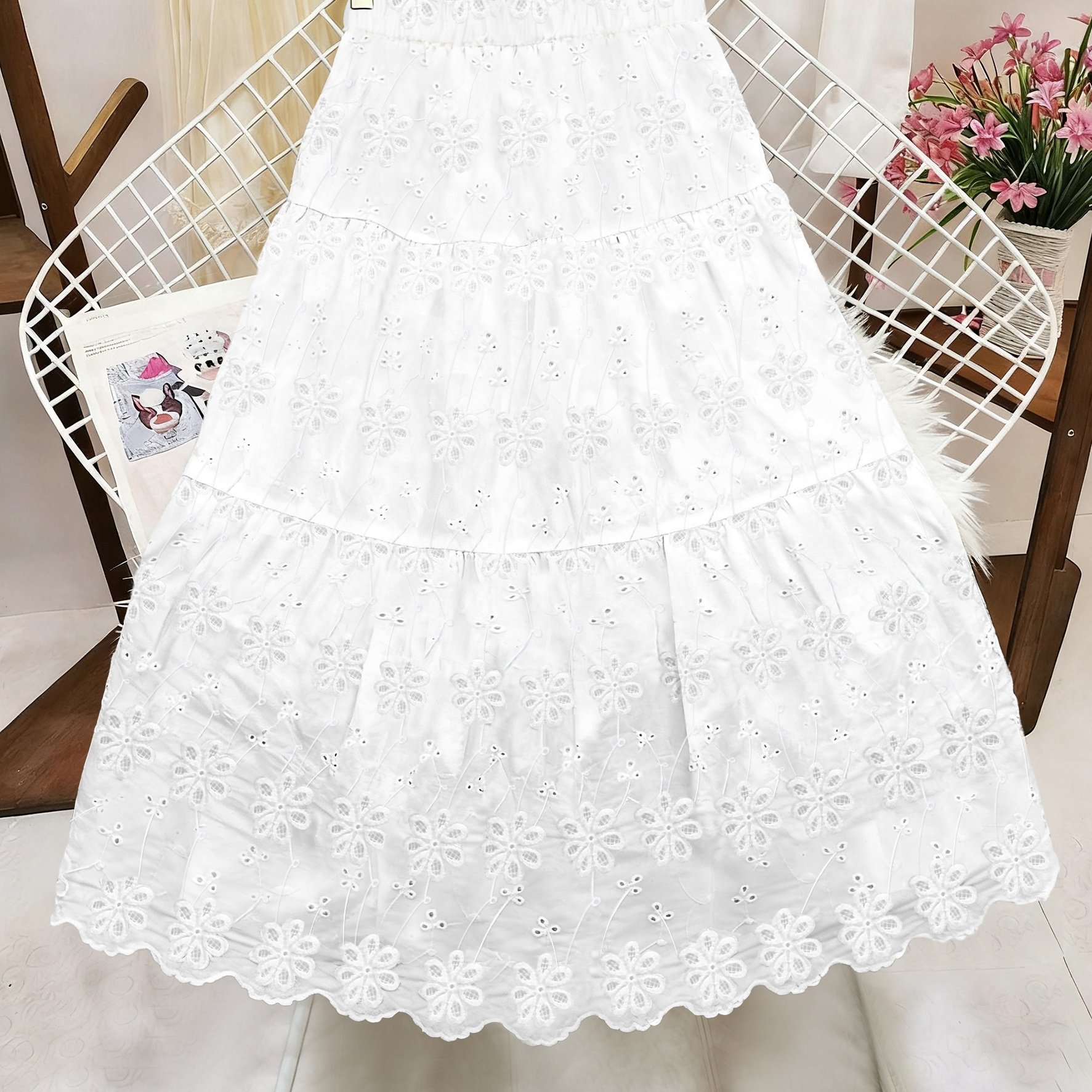 TEMU Women' Color Hollow-out Embroidered Elastic Waist Long Skirt, With Floral Lace Hem For An Added Touch Of And . Features And Versatile Style,