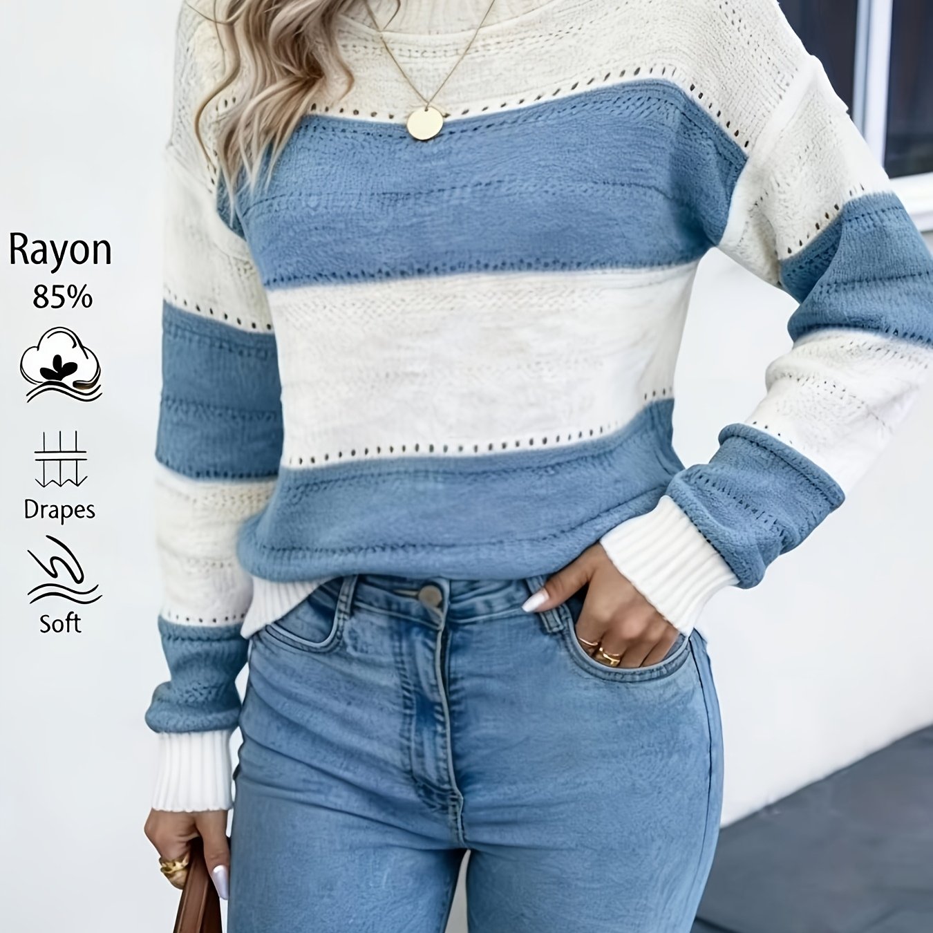 White And Color-block Round Neck Pullover Sweater