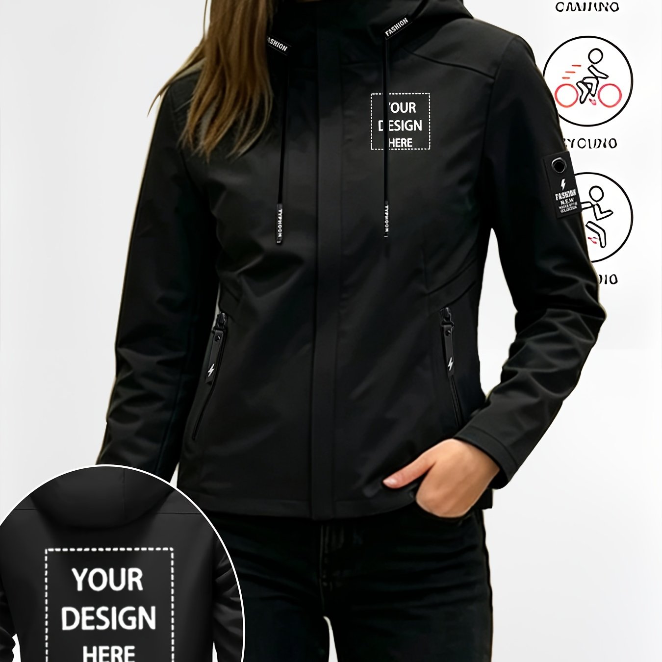 TEMU Women's Custom Printed Zippered Hooded Windbreaker, Outdoor And Elegant