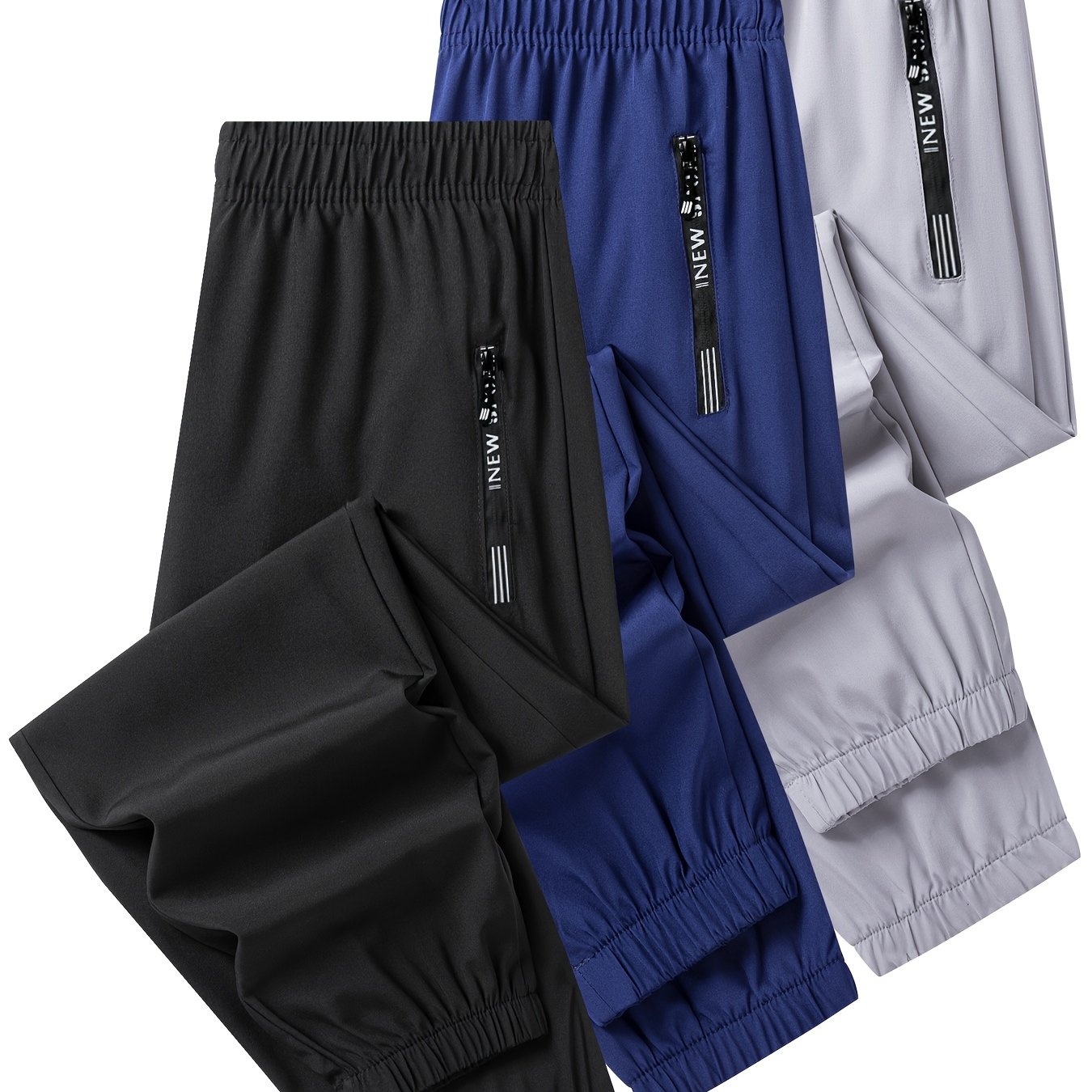 Image of 3pcs Boys' Quick-dry Athletic Pants - Lightweight, Breathable Joggers With Zipper Pockets For , Perfect For Outdoor, Back To School Essentials, Autumn Essentials