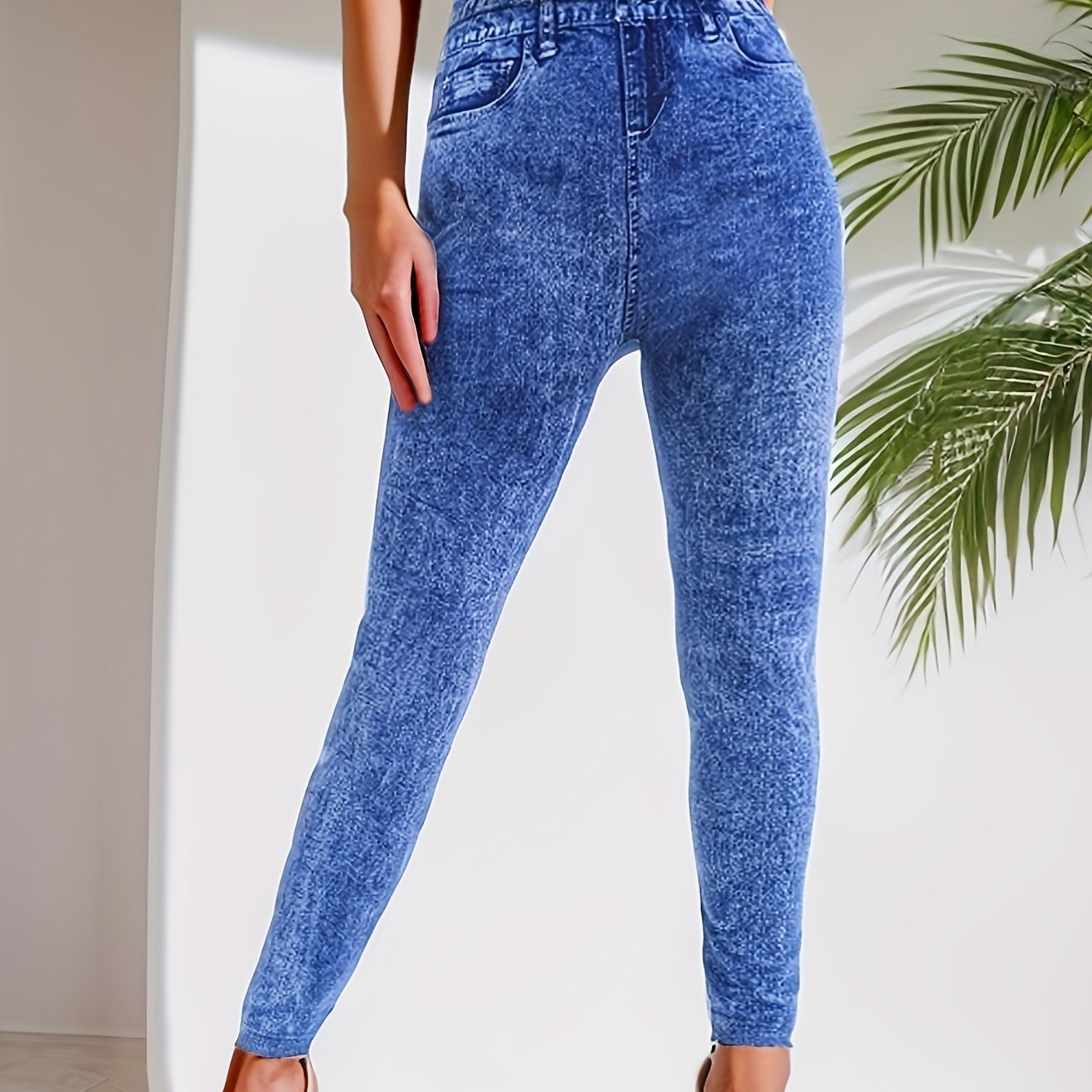E-shop Damen nahtlose Stretch-Skinny-Leggings aus Kunst-Jeansstoff, hohe Taille, modische Freizeit-Push-Up-Überhose, bedruckte Hose – kein Denim-Stoff