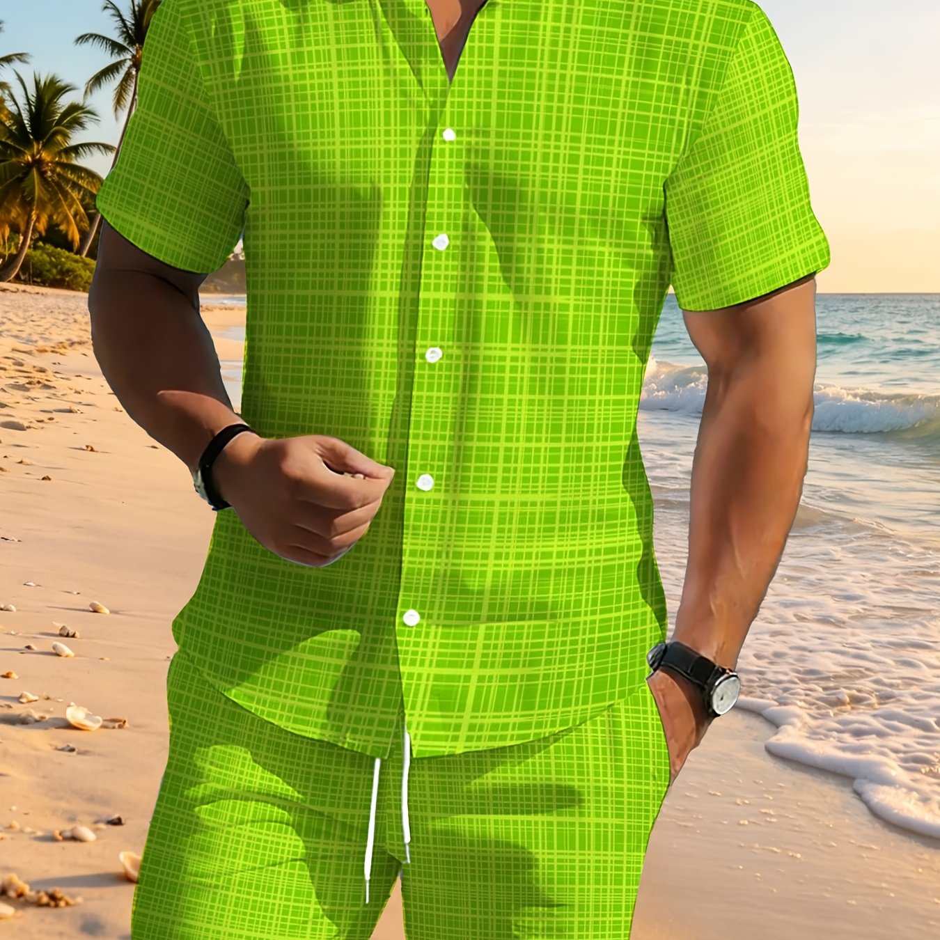 TEMU [printed Design Not Textured]men's Lime Casual Sport Suit Polyester Lightweight Breathable Short Sleeve Shirt Pants Set For Beach Vacation