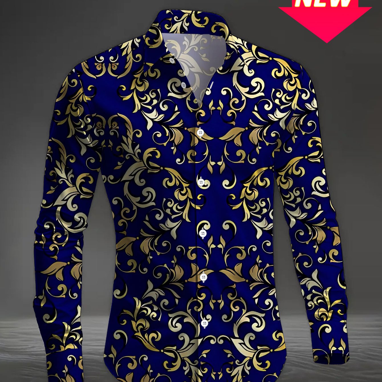 TEMU Plus-size Men's Casual Long-sleeve Printed Shirt With Blue And Golden Floral Pattern, European Style, Regular Fit Dress Shirt For Work And ,