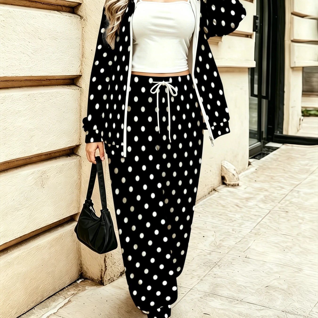 TEMU Plus Size, And White Polka Dot Hooded Zip-up Sweatshirt Set For Women, Casual 2pcs Set
