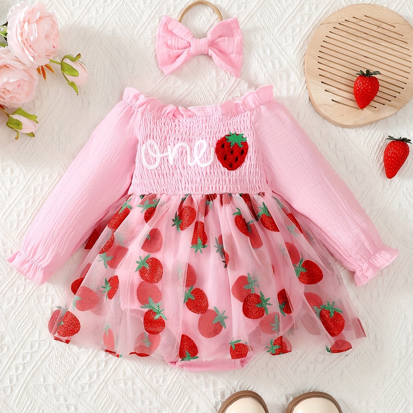 Image of -year-old Baby Girl Strawberry Long Sleeve Tulle Dress, Perfect For Outdoor
