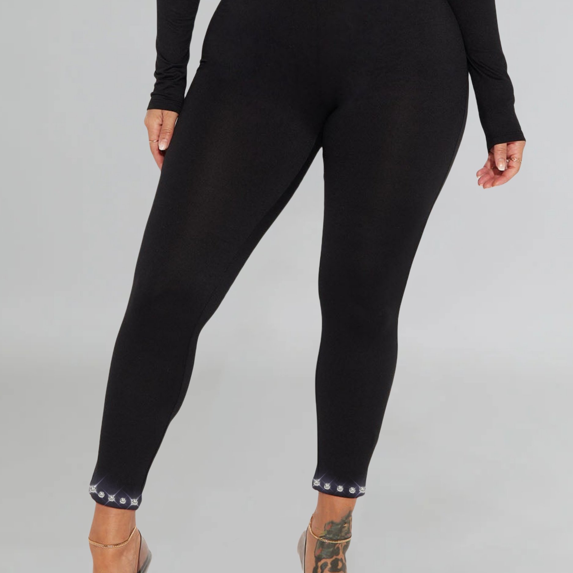 Image of Women' Rhinestone-embellished Leggings - High Stretch, Fit, Solid Color, Wear