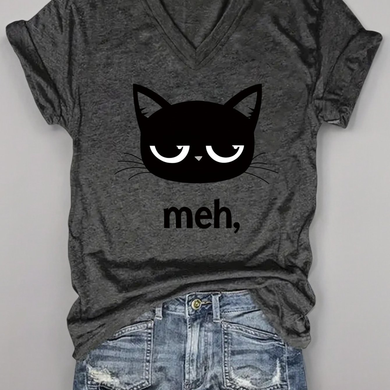 TEMU Women's V-neck T-shirt Featuring A 'meh' Cat Design - A Casual Short-sleeve For Spring And Summer, Machine Washable, With A Funny Pattern; Made