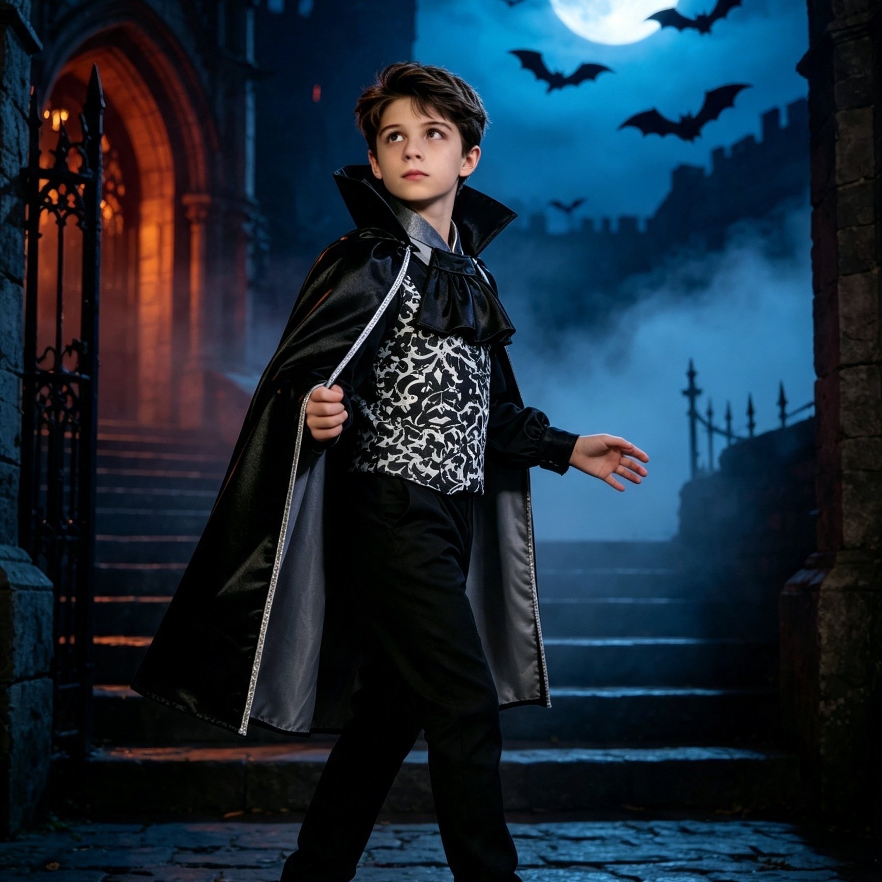 Image of Boys' Set: Includes A Fringed Stand-collar Cape, A Patterned Top, A Neck Accessory, And Trousers. Perfect For Halloween, Theme Parties, And Stage Performances, A Festive Atmosphere