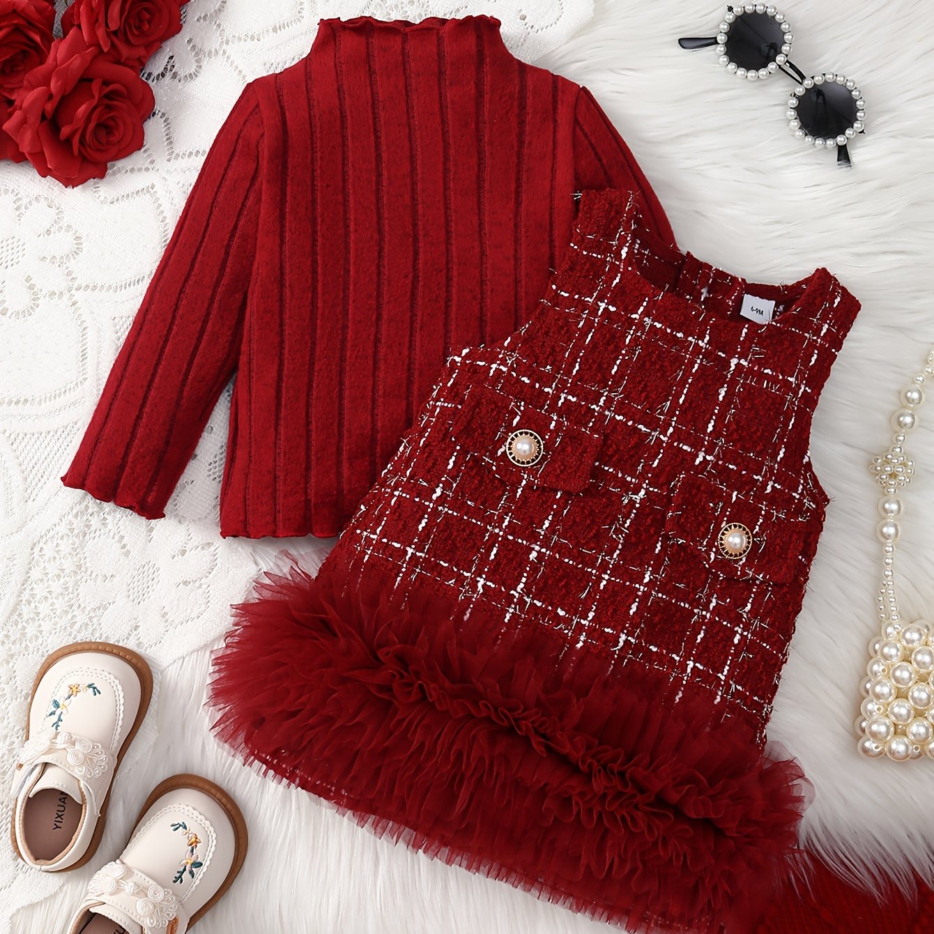 Image of Girl's Long Dress Set: Red Long-sleeve Small Collar Slim- + Sleeveless Elegant Style Pearl Button Faux Pocket Red Mesh Skirt With Lace Hem, Perfect For Outdoor