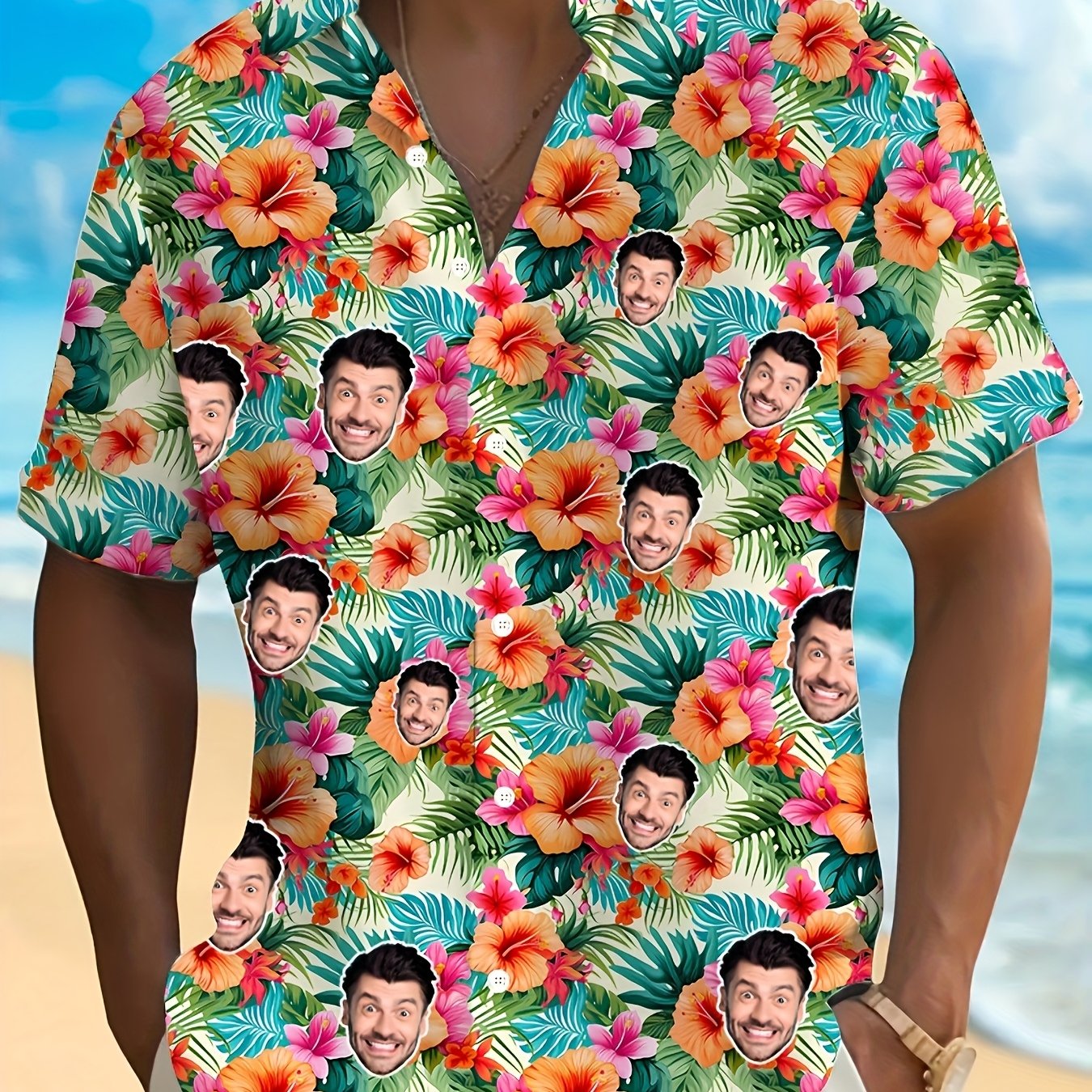 E-shop Herren Hawaiihemd mit individuellem Foto - Lebendiger tropischer Druck, Kurzarm mit Knopfleiste, Lässiges Sommerhemd mit Revers und