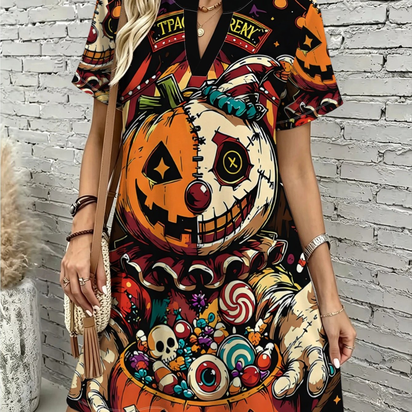 TEMU Halloween New Style European And American Women's Fashion Casual Dress, Spring/summer Clown Pumpkin Doll Candy Skull Dress, Daily Casual