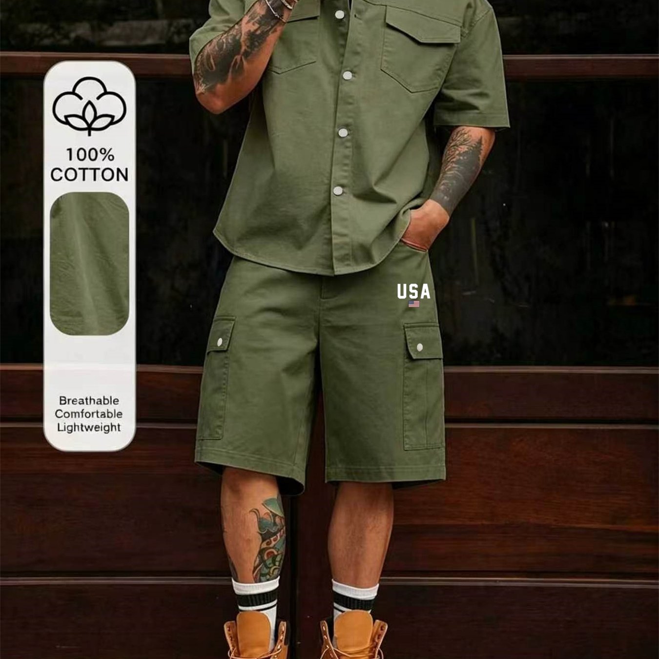 100% Cotton New Summer Fashion Solid Color Classic Men's Workwear Multi-pocket Shirt And Shorts Set, Casual Jogging 2pcs Set