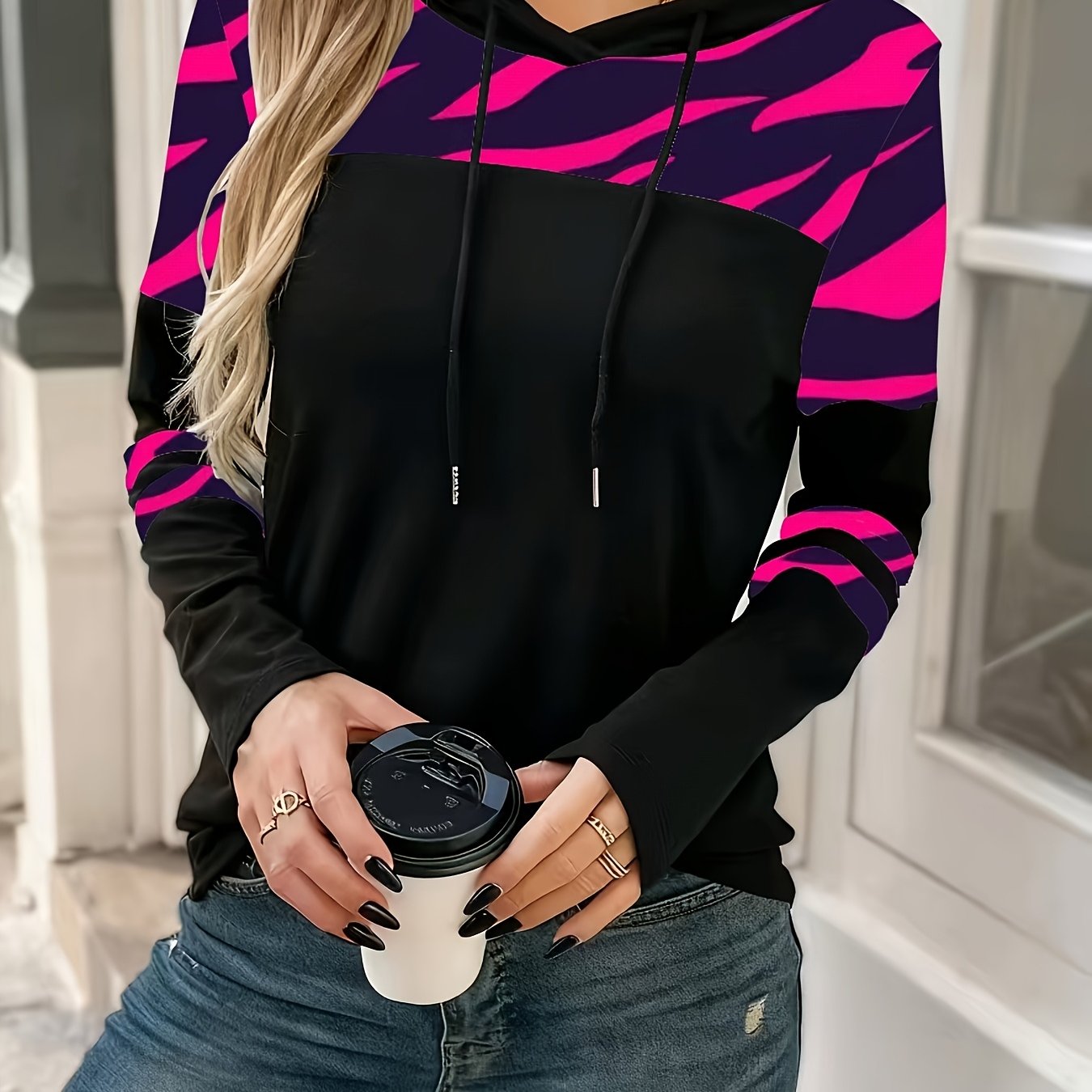 Image of Spring/autumn Fashion Women's Long Sleeve T-shirt Trendy Print Contrast Hooded Top