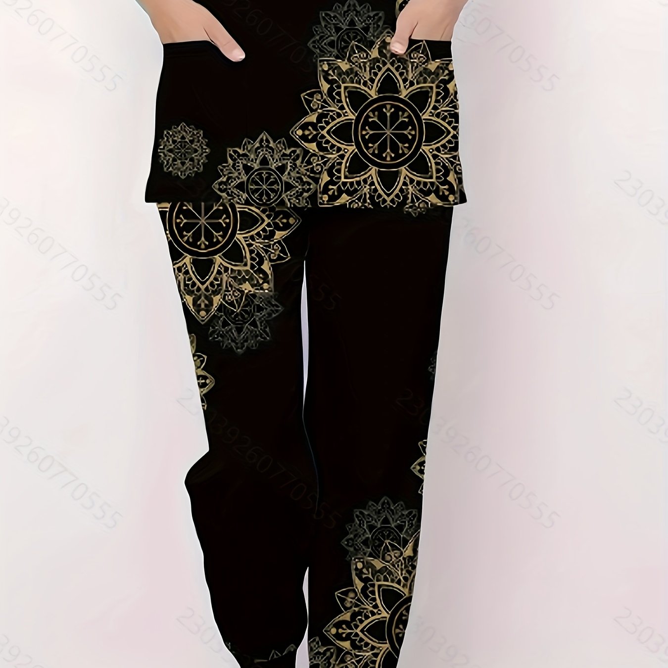 TEMU Women's Floral Printed V-neck 2pcs Set, Casual Fabric With Pockets, Short-sleeve Pullover Top, Regular Fit, Comfortable Fabric Workwear, Wishing