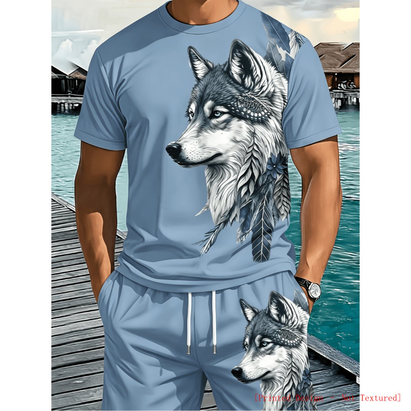 TEMU Men's Round Neck Short Sleeve T-shirt (short Shorts Not Included) Feather Wolf , Suitable For And Minimalist Style , Trendy Men's Summer