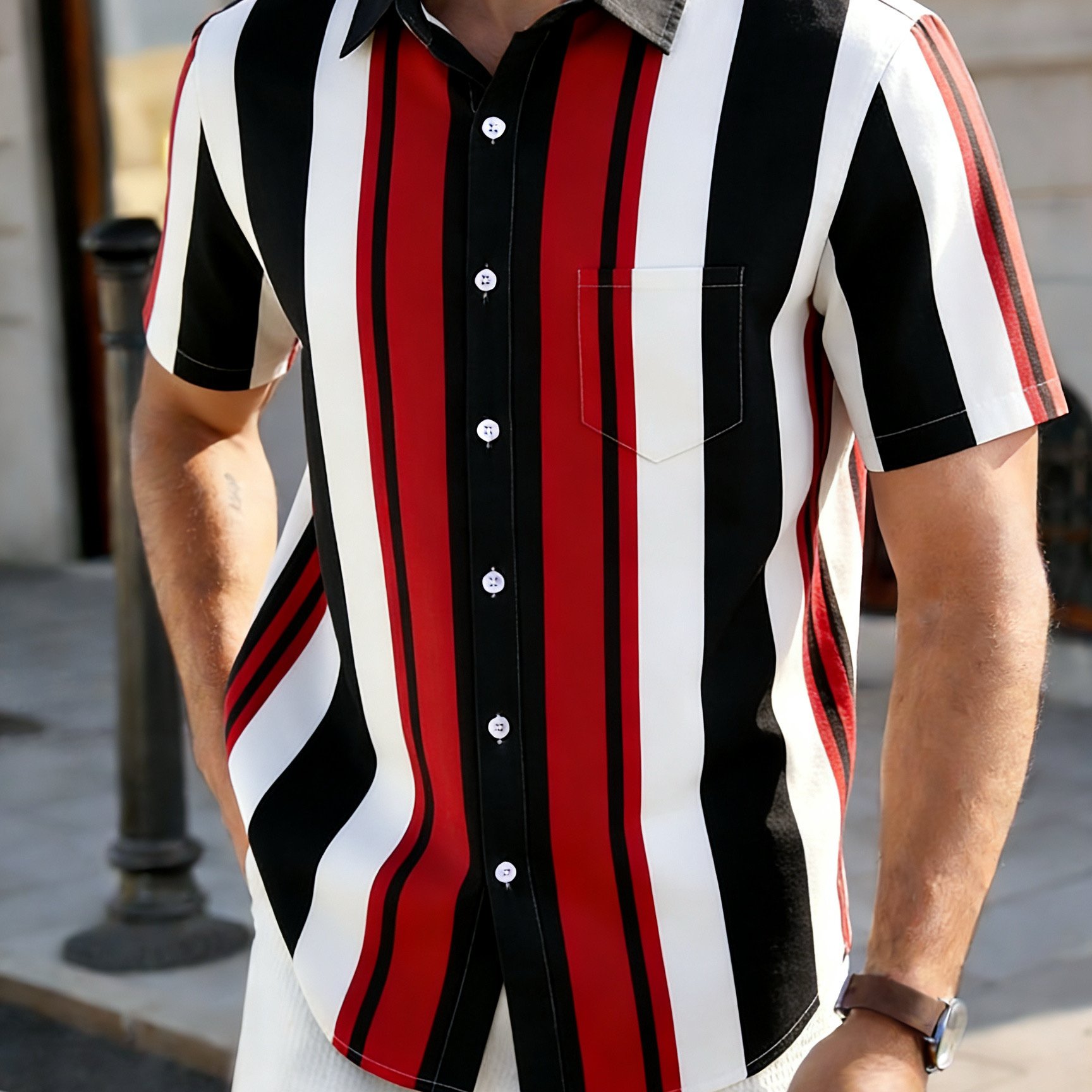 TEMU Plus Size Men's Short-sleeve Shirt With Hawaiian Geometric Color-block Print, Casual And Stylish Short-sleeve Shirt, Suitable For Daily