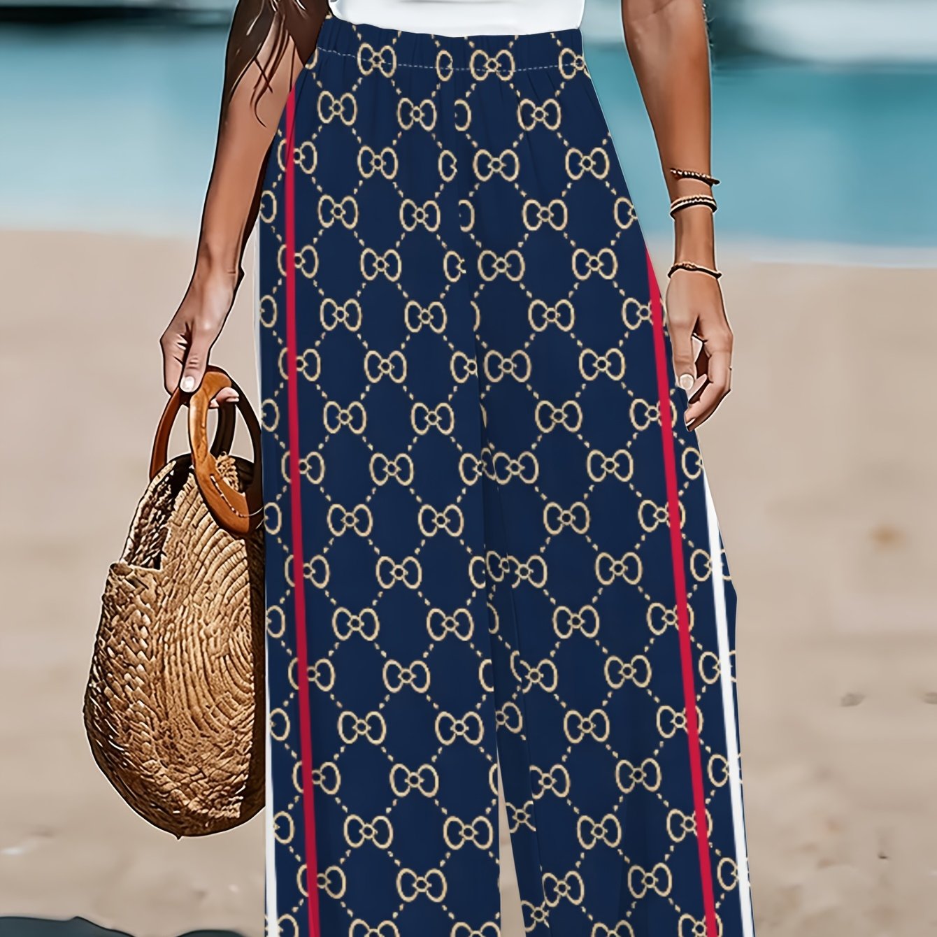 TEMU Style Casual Trousers Women's Geometric Chain Pattern Side Red And White Striped Loose Wide Leg Floor Length Pants