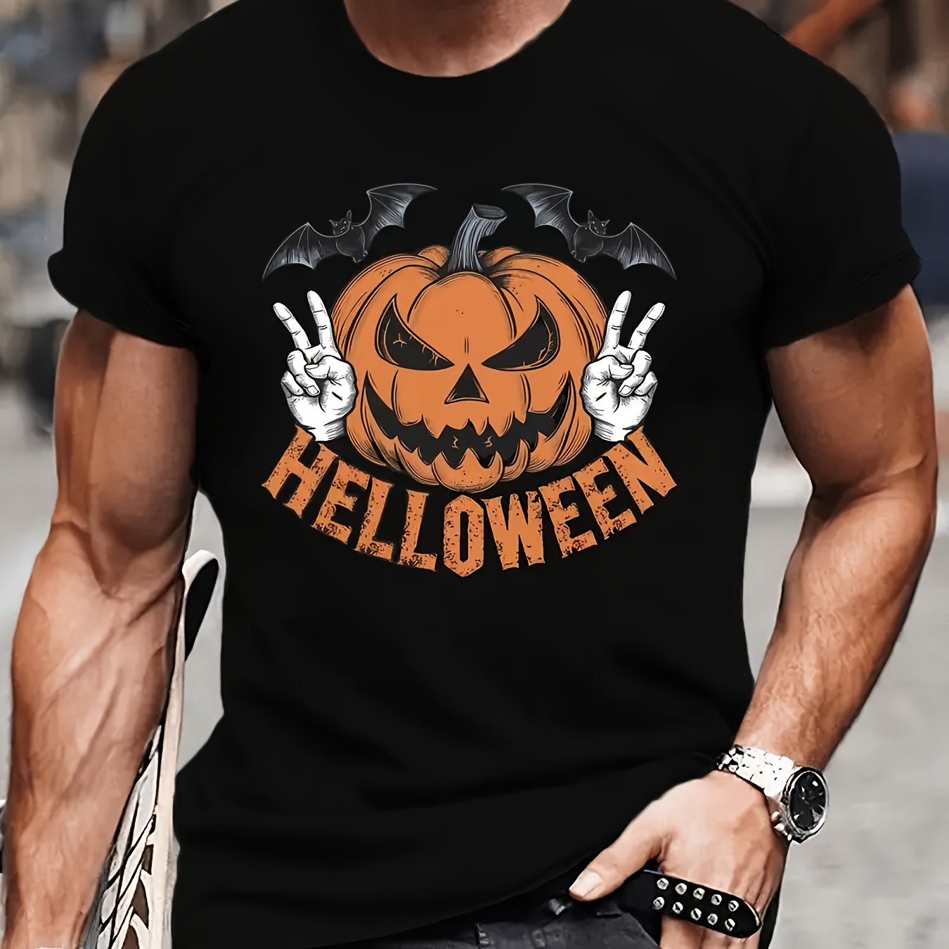 TEMU Men's Casual Short Sleeve T-shirt With Halloween Pumpkin Print - Breathable Polyester, Machine Washable, Round Neck - Perfect For Summer