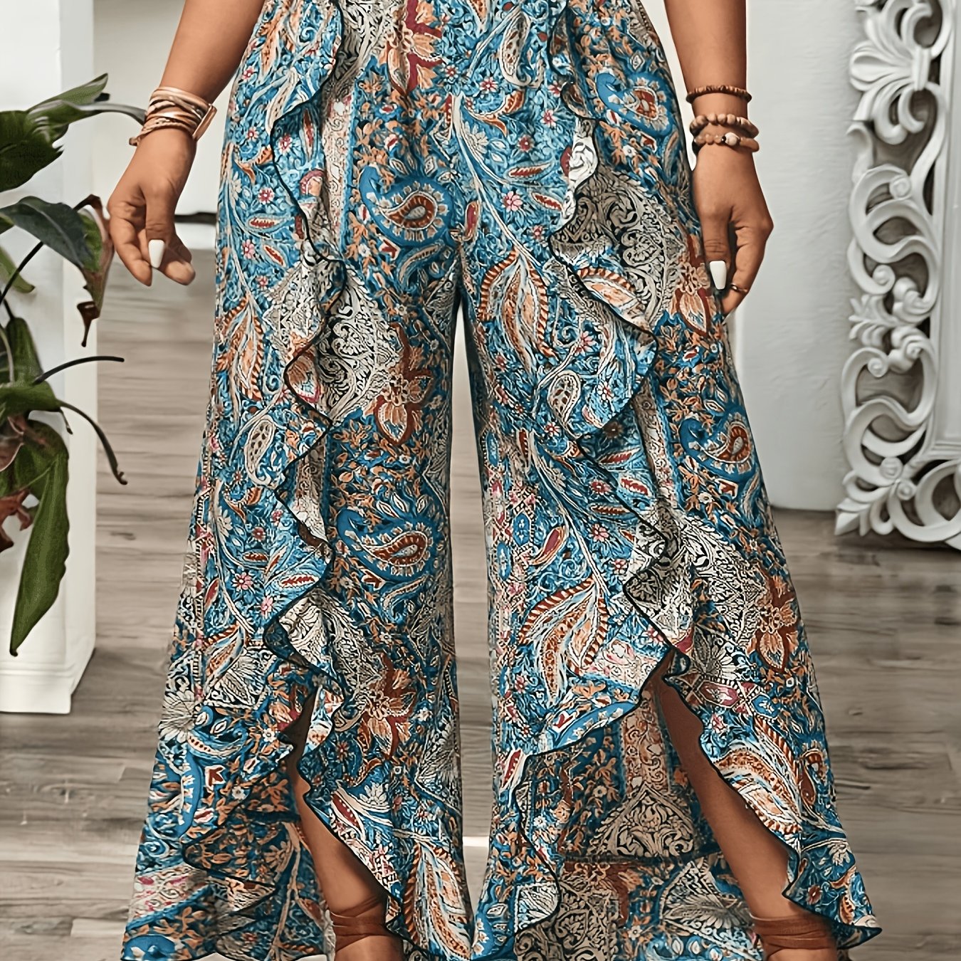 TEMU Plus Size - Women's Plus Size Spring Geometric Pattern Casual Loose Trousers, Design, Elastic Waistband, Suitable For Body Types, For Shopping,
