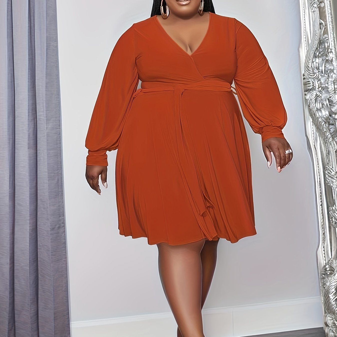 Women&#39;S Plus Size Orange V-Neck Dress with Waist Tie - Casual Style, Long Sleeves, and A-Line Silhouette