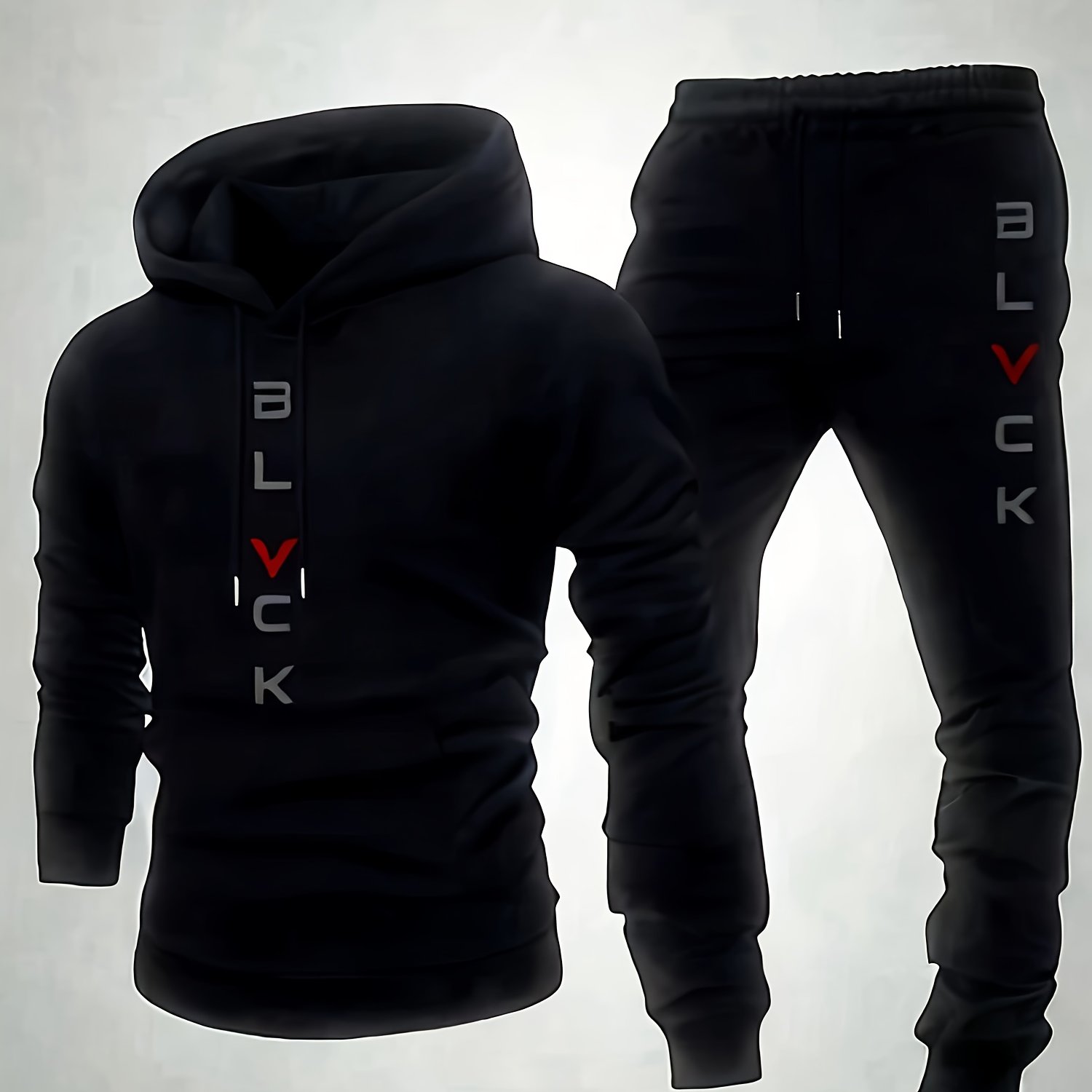 TEMU Black Retro Letter Printed Men'-piece Casual Round Neck Long Sleeved Hooded Sweatshirt And Sweatpants Set Suitable For Autumn And Winter Sportswear Set|men's Sports Suit