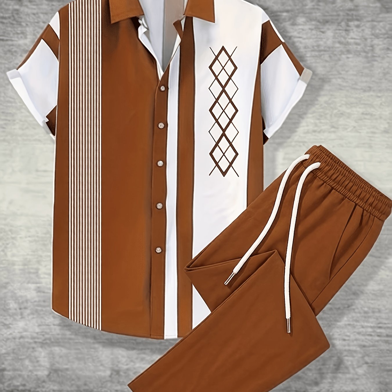 TEMU Men's 2pcs Hawaiian Style Short Sleeve Collared Shirt And Drawstring Long Pants Outfit, Button-up Shirt And Trousers, Suitable For Summer Daily