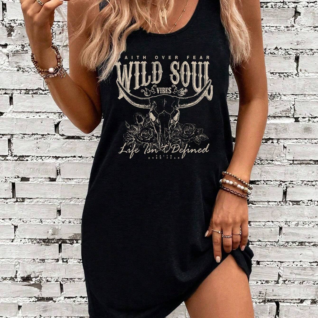 TEMU Wild Casual Head And Letter Print Sleeveless Dress, Suitable For Summer, Summer Dresses For Women , Casual